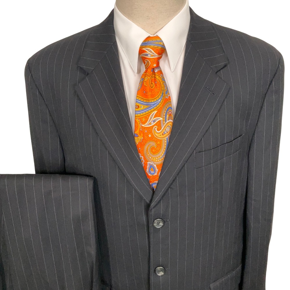 Chaps Pinstripe Suit Mens 42L Black Traditional Classic Office Wool 3-Button